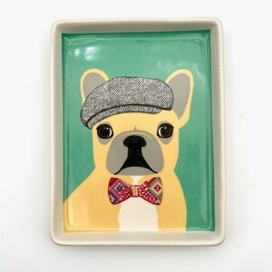 Magenta Ceramic Frenchie Dog With Hat and Bowtie Plate